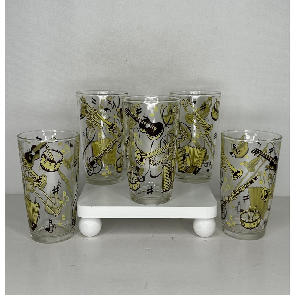 Vintage Hazel Atlas Musical Instruments Mid Century Glass Set of 5 MCM Barware